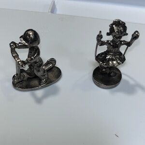 Whimsical Silver Figurine Set - Child on Scooter & Girl with Jump Rope